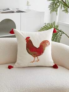 1件农舍风格小鸡刺绣亚麻抱枕套，带红色流苏，家居装饰，适用于客厅、卧室、沙发、汽车及各种环境 - 彩色 - 查看 6