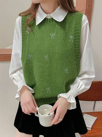 Wixra 秋冬新款水钻蝴蝶结红色可爱毛衣背心，宽松针织开衫，浪漫风格，适合圣诞节和约会