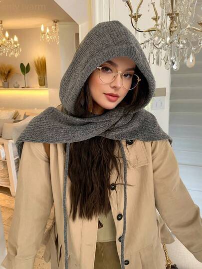 1件装女士时尚纯色针织围巾帽，灰/蓝/黑/白可选，秋冬保暖护耳拉法帽，适合日常外出、购物、旅行等场合。