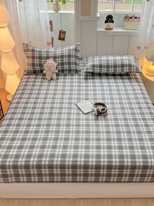 3pcs Bedding Set, Gray Checkered Pattern, Soft & Comfortable Bedding, Includes 1pc Fitted Sheet And 2pcs Pillowcases, No Filling, Suitable For Dorm, Bedroom, Home Use, Multiple Sizes Available - Grey - View 3