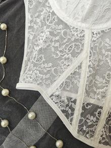 EZNV 1pc White Lace Patchwork Fishbone Corset Top, Waist Cincher Bustier - White - View 5