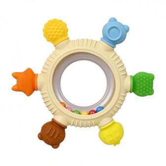 1个婴儿彩色牙胶，婴儿磨牙玩具磨牙环，可咀嚼磨牙玩具，可爱卡通手持牙胶，硅胶牙胶，适合6-12个月婴儿，婴儿摇铃环感官玩具，可舒缓新生儿牙龈疼痛，新生儿必备。