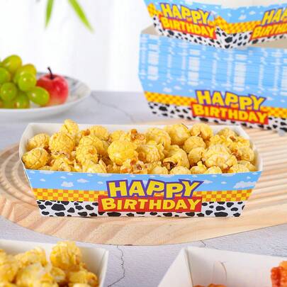 10/24个装奶牛图案生日快乐一次性食品盒，薯条盒，爆米花盒，零食盒，生日和家庭聚会装饰，适用于面包店、汉堡店、电影院