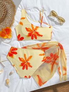 Bộ bikini tankini cổ lệch in hoa cho bé gái tuổi teen kèm chân váy - Màu vàng - Xem 2