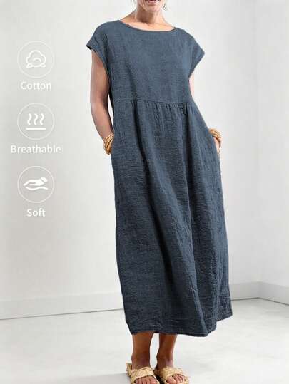 Women's Loose Summer Vacation Dress, Lightweight Breathable Casual Round Neck Sleeveless Solid Color Dress, Bat Wing Design Relaxed Back To School Elegant Soft Dress