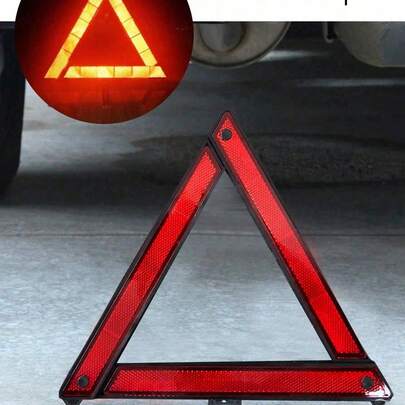 1 biển báo phản quang hình tam giác cảnh báo xe hơi, chân máy gấp gọn, dụng cụ khẩn cấp ven đường