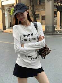 初秋新款圆领字母印花长袖T恤，独特设计女上衣 - 白色 - 查看 3