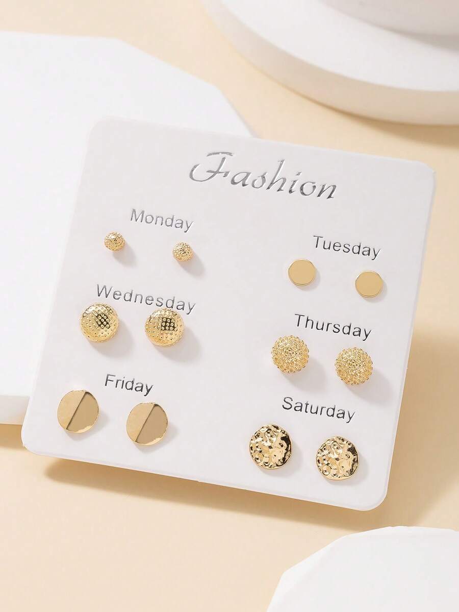 Set de 6 perechi de cercei metalici cu șurub, design casual și minimalist, potriviți pentru purtare zilnică, vacanță, cadou de sărbători - Aur Galben - Vizualizare 1