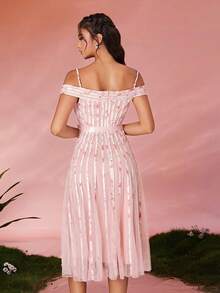 Mgiacy Women's Off‑Shoulder Mesh Ruched Evening Gown – Luxurious High‑End Formal Dress - Pink - View 2