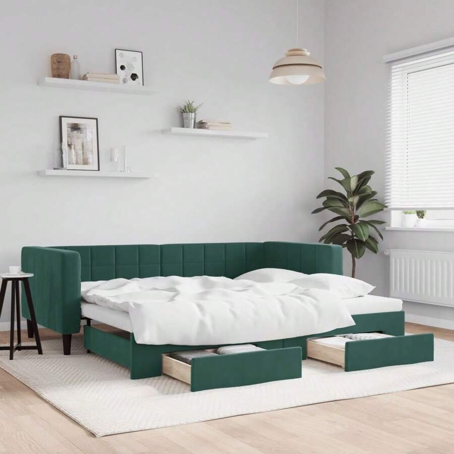 vidaXL Ausziehbares Tagesbett Mit Schubladen, Dunkelgrün, 90x200 Cm, Samt - Verde - Visualizzare 1