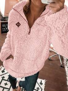 口袋套头卫衣，休闲长袖秋冬女装，泰迪羊羔绒套头衫，半拉链抓绒卫衣，2025新款秋季女装，秋冬卫衣 - 粉色 - 查看 2