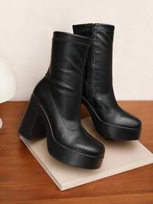 Women's Platform Gogo Ankle Boots High Chunky Block Heel Square Toe Booties Shoes - Black - View 5