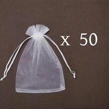 50 de pungi albe din organza cu șnur, pungi transparente pentru cadouri de bijuterii, potrivite pentru nuntă, Crăciun, depozitare de bijuterii mici - alb - Vizualizare 9