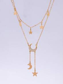 1pc Versatile Double-Layer Tassel Star & Moon Necklace, Lightweight & Luxurious, Fashionable & Unique, Niche Design, Choker Necklace - Double-layered Star and Moon Tassel Necklace - View 5