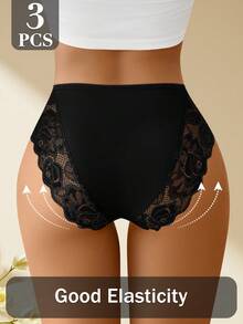 3pcs Women's Mid-Waist Lace Print Briefs, Comfortable, Skin-Friendly, Breathable, Available In S-XXL - Multicolor - View 4