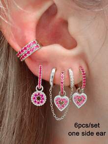 6Pcs Cute Gold Plated Cubic Zirconia Heart Dangle Earrings For Women Colorful Zirconia Flower Hoop Earrings Set Fashion Jewelry