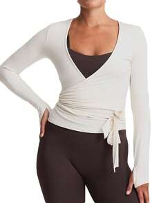 Women Ballet Wrap Top Long Sleeve Deep V Neck Cross Tie Workout Pilates Yoga Shirts Wrap Tie Crop Tops Sportswear Y2k Streetwear Slim Fitted Coquette Blouses - 白色 - 查看 8
