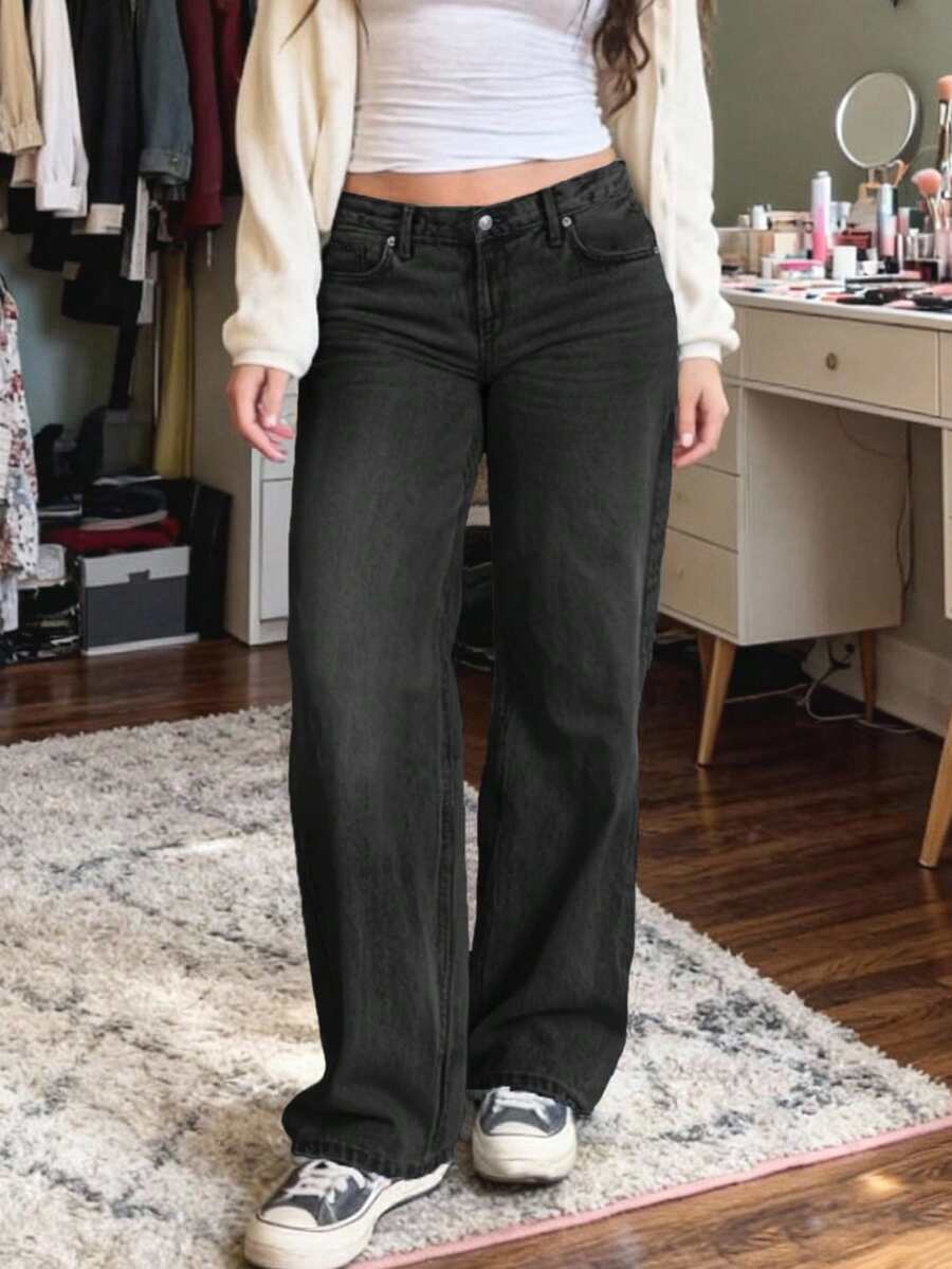 MYOURSA Low Rise Straight Leg Jeans Y2k Distressed Loose Washed Fall Casual School Outfits For Women - 深灰色 - 查看 1