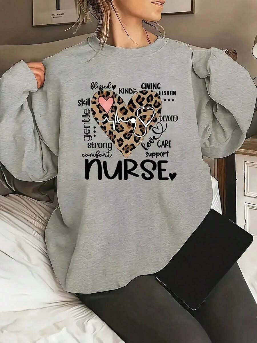 Women's NURSE Heart Printed Casual Sweatshirt, Long-Sleeved Pullover, Comfortable Fit, Round Neck Design, Breathable Fabric, Casual And Fashionable Top,Suitable Family Gatherings And Trave - Xám - Xem 1