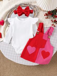 2pcs Baby Girls Cute Minimalist White Long Sleeve Bodysuit + Bib Dress Set, Autumn/Winter - White - View 3