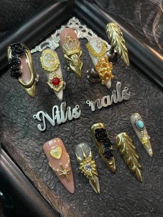 10pcs Stiletto Nail Set, Handmade Nail ArtStickers,3D Three-Dimensional Nail Rhinestone Steel Ball Accessories, 3D Camellia&Heart Accessories Match, Colorful Shiny Nail Gems, Silver Cat Eye&Chrome, Champagne Chrome French Hand Drawn Geometric Patterns In Y2k Style Wearable NailArt Set Suitable For Women To WearDaily Parties (With: A Piece Of JellyGlue And A Friction Strip) Nail SuppliesNails