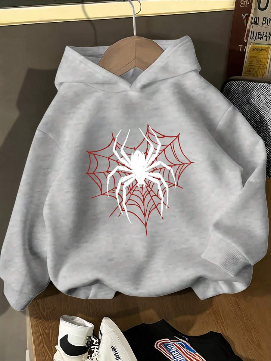 Sudadera casual con capucha para mujer, con estampado de araña, capucha con cordón cómoda, apta para lavadora, perfecta para otoño e invierno, sudadera de moda para el otoño, ropa de moda para mujer - Gris Claro - Ver 1