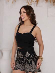 Women's Short Set, Regular Fit, Linen Fabric, New, Elegant, Embroidered, Holiday Style. - 黑色 - 查看 3