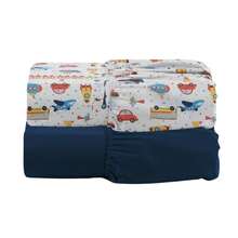 Set Of 2 Fitted Crib Sheets For American Cribs, Printed, 400 Thread Count - 2 Pieces - Xanh nước biển/Xe đẩy - Xem 1