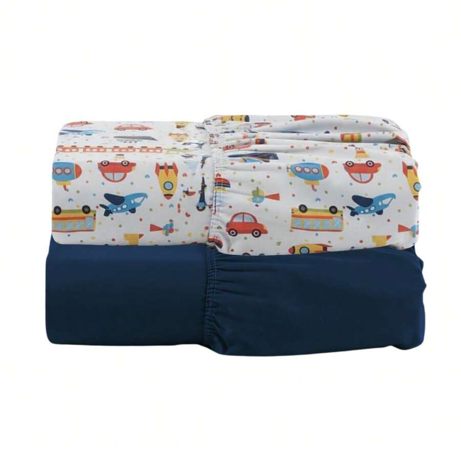 Set Of 2 Fitted Crib Sheets For American Cribs, Printed, 400 Thread Count - 2 Pieces - Xanh nước biển/Xe đẩy - Xem 1