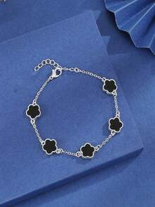 Set de 3 piezas de pulseras elegantes y lujosas con flores de la suerte para mujeres, en colores negro, blanco y rosa a juego, de estilo casual y fashionable, adecuadas para uso diario (cantidad aleatoria de círculos de cadena) - Plateado - Ver 16