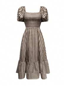 2026春夏大码女式格子优雅波西米亚风休闲褶皱下摆咖啡棕色连衣裙，度假连衣裙，夏季假日装扮，夏季连衣裙，生日连衣裙，优雅派对连衣裙，音乐会服装，毕业礼服 - 咖啡棕 - 查看 6