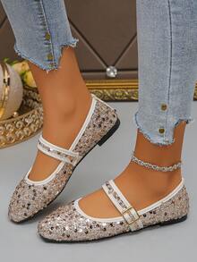 Giày bệt mũi vuông thời trang cỡ lớn 35-43, giày lười cài khóa tiện dụng phối cùng váy, mùa xuân/thu, họa tiết ngẫu nhiên, giày búp bê. - Champagne-Sequins - Xem 6