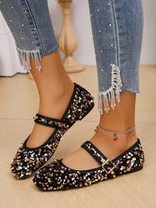 大码 35-43 时尚方头平底鞋，休闲套脚搭扣鞋，适合搭配连衣裙，春秋季，随机图案，芭蕾平底鞋 - 棕色亮片 - 查看 5