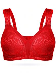 Wingslove Áo ngực không gọng màu đỏ Ramadan cỡ lớn, che phủ toàn diện, dây đeo rộng, vải jacquard hoa văn, cực kỳ mềm mại và thoải mái khi mặc hàng ngày dành cho phụ nữ có thân hình đầy đặn. - Đỏ - Xem 6