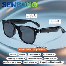 SENBONO AI翻译智能眼镜 - 支持100多种语言翻译的智能无线眼镜 - 音频眼镜，具备无线通话、音乐播放、音乐控制、相机控制（智能眼镜本身不带摄像头）、语音唤醒、面对面及同步视频语音实时翻译功能，适用于商务办公，也是男女皆宜的时尚礼品。 - 黑色 - 查看 14