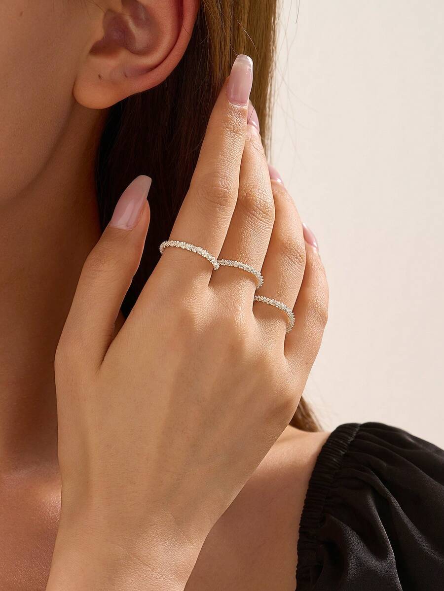 Nooxian 3pcs Shiny Bling Bling Silver Chain Rings - Silver - View 1