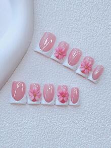 10片装Y2K风鸭嘴美甲贴片套装 - 手工制作，粉色美甲，白色法式风格，手工3D粉色花瓣花朵，四朵3D粉色花朵，手绘花朵和手绘3D水滴设计，闪亮金色小钢珠点缀 - 适合女性和女孩，派对、婚礼、日常佩戴 - 彩色 - 查看 1