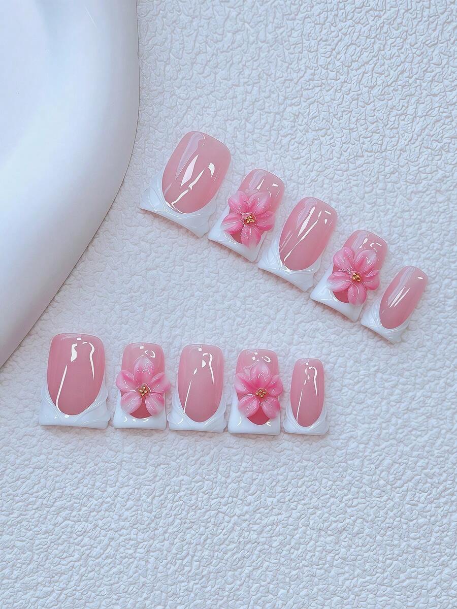 10片装Y2K风鸭嘴美甲贴片套装 - 手工制作，粉色美甲，白色法式风格，手工3D粉色花瓣花朵，四朵3D粉色花朵，手绘花朵和手绘3D水滴设计，闪亮金色小钢珠点缀 - 适合女性和女孩，派对、婚礼、日常佩戴 - 彩色 - 查看 1