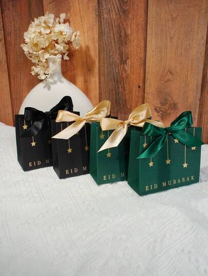10pcs Eid Mubarak Gift Bags With Hanging Star Design And Satin Ribbon Bow, Elegant Small Favor Bags For Chocolates, Candies, Dates, Biscuits, Sweets And Mini Gifts; Premium Ramadan And Eid Party Packaging For Muslim Celebrations, Family Gatherings, Kids Treats, Guest Return Gifts, Dessert Table Decoration, Wedding Favors, Henna Night Gifts And Festive Gift Wrapping; Sturdy Black And Green Paper Bags Adding Luxurious Holiday Ambience, Arab Festivals, Islamic Festivals