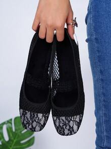 Nuevos zapatos planos de mujer con diseño personalizado, de malla negra, encaje sexy y transpirable, tipo Mary Jane, estilo ballet, de fácil deslizamiento, ligeros y cómodos, fáciles de usar y combinar, calzado casual hecho a mano para damas - Negro - Ver 4
