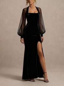 Women's Elegant Christmas Party High Slit Evening Gown - Black - View 4