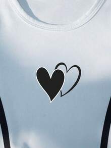 少女爱心印花圆领短袖T恤搭配喇叭裤休闲套装 - 白色 - 查看 3