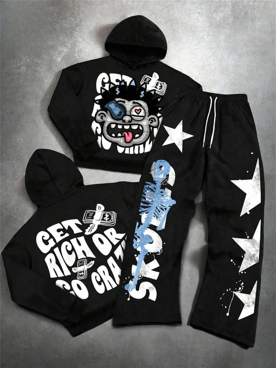 Men's 2-Piece Casual Streetwear Set Portrait Letter Print Cozy Hoodie & Sweatpants Perfect Christmas Gift - MED-CLWYTY01 - 查看 1