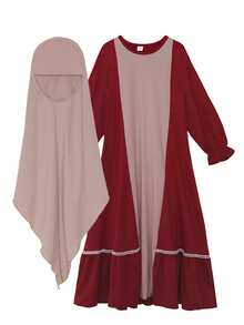 2pcs Muslim Girls Long Sleeve Dress + Headscarf Set