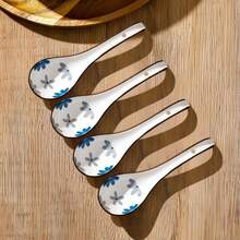 4/5件套亚洲陶瓷勺，长柄，易握，底部防滑，适用于日式拉面、中式和越南面条汤、意面等。