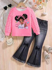 Cartoon Girl Print Crew Neck Sweatshirt And Flare Pants Casual Suit