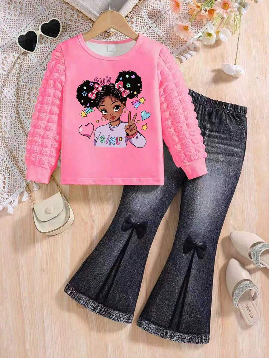 Cartoon Girl Print Crew Neck Sweatshirt And Flare Pants Casual Suit