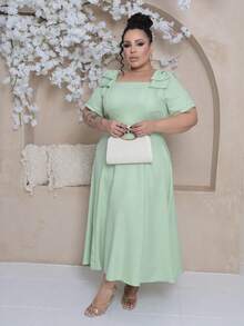Women's Plus Size Midi Dress With Lined Square Neckline, Short Sleeves, Shoulder Tie, Padded Cups And Elastic Back In Duna Linen - Elegant Fashion Party Dress - 薄荷綠 - 查看 1