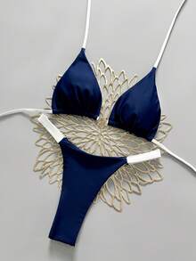 Women's Navy Blue Halter Thong Bikini Set With Lace Up Detail High Stretch Beach Swimwear - Navy Blue - View 3