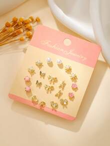 10对时尚可爱仿珍珠锆石塑料蝴蝶结、星星、月亮、花朵、蝴蝶、埃菲尔铁塔耳钉套装，适合女性日常佩戴 - 彩色 - 查看 18